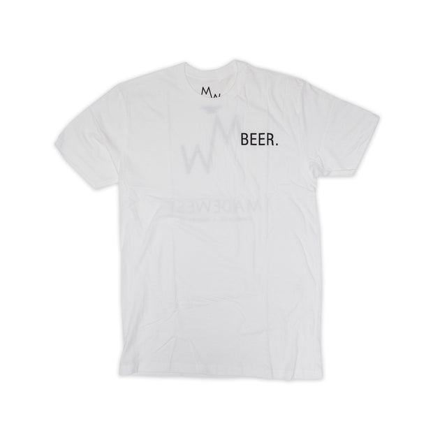 100% Combed Cotton White tee Rib collar Standard fit  Printed interior neck label Front chest logo "BEER" Back MW logo