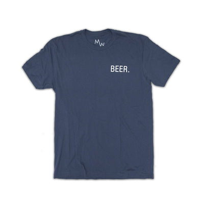 100% Combed Cotton Navy Blue tee Rib collar Standard fit  Printed interior neck label Front chest logo "BEER" Back MW logo